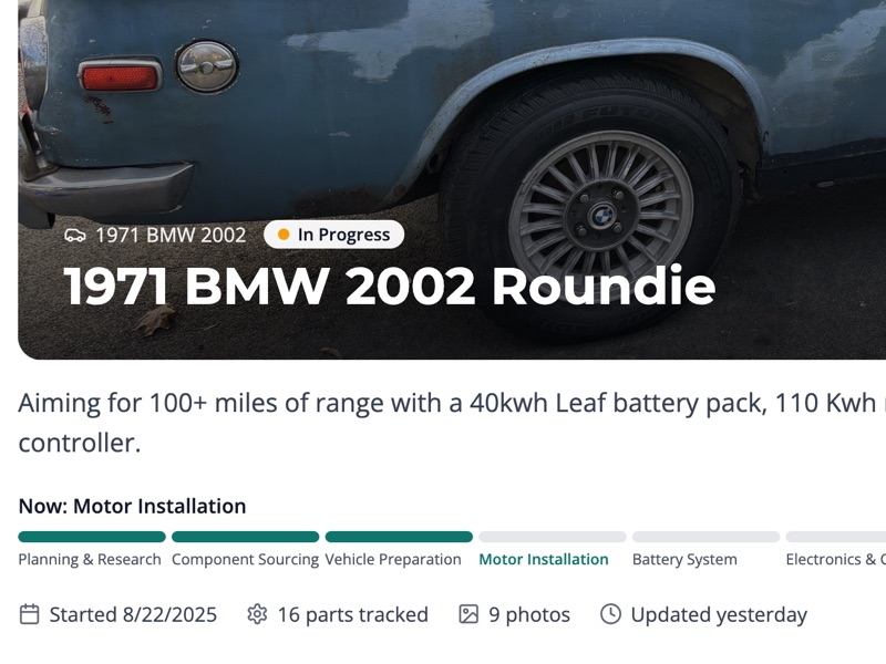 A 1971 BMW 2002 build page with its eight-phase progress rail, 3 of 8 phases done