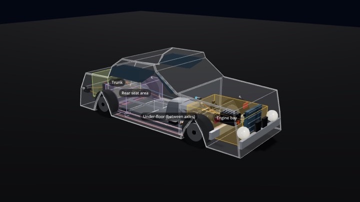 Primer: a 1971 BMW 2002 in ghost view, with the trunk, rear seat, under-floor and engine bay zones labelled