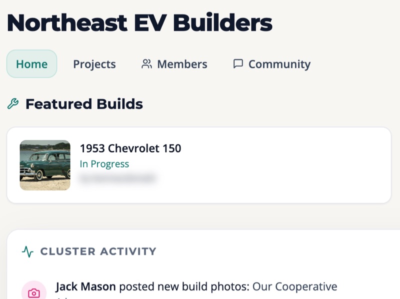 The Northeast EV Builders cluster home page, with a featured build and cluster activity