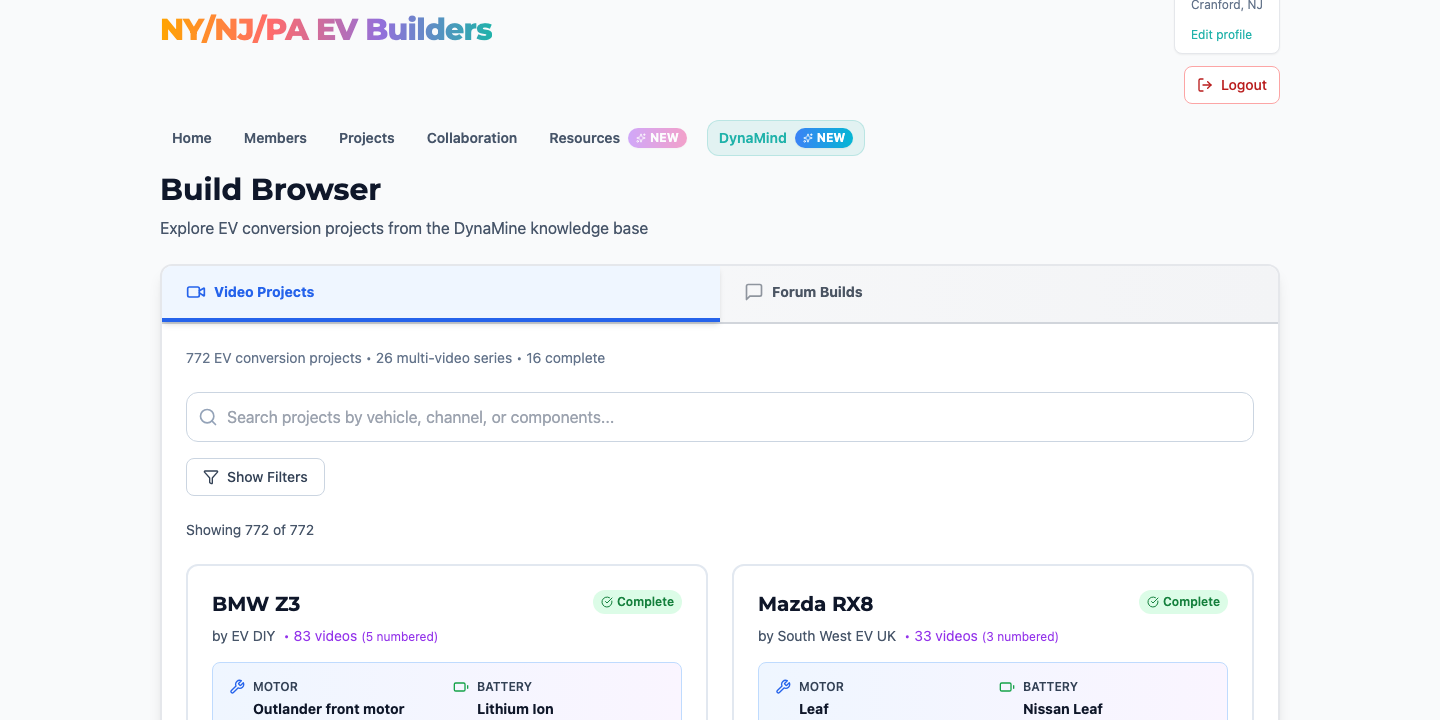 Build Browser — 772 real EV conversion projects